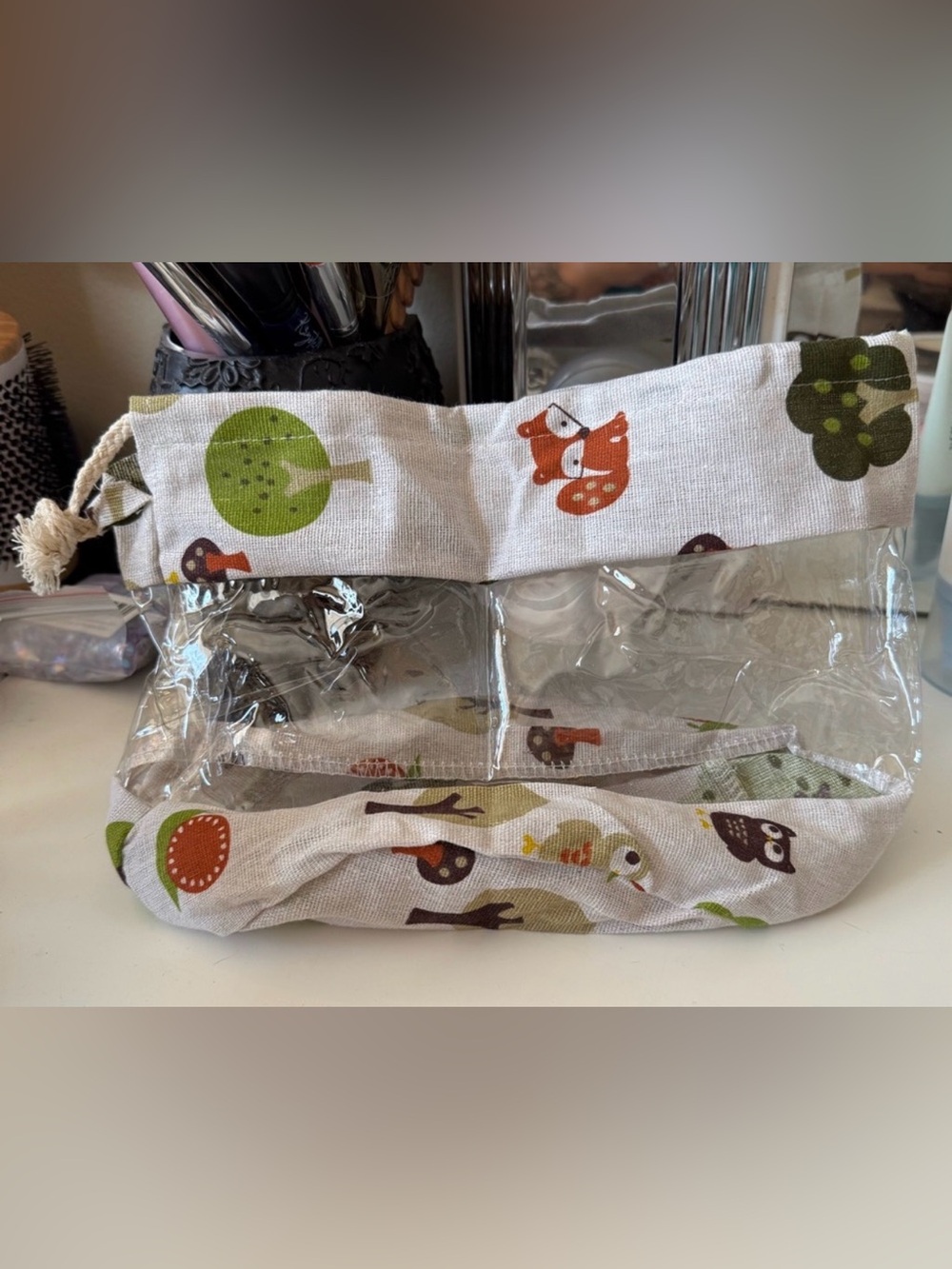 3/$15 Cute Drawstring Bag Patterned Forest Canvas and Clear Plastic